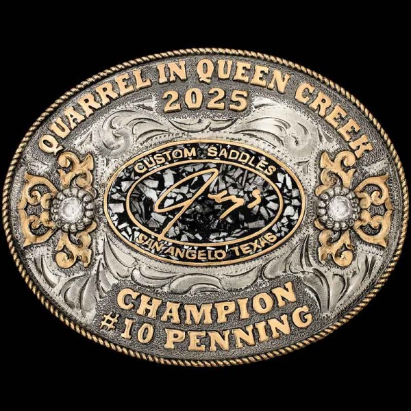 "Our Texon Belt Buckle is the perfect blend of a classic design and traditional elements. Handcrafted on a German Silver base, this timeless buckle features Jeweler's Bronze lettering, a rope edge, and western-inspired scrollwork accented with cubic 